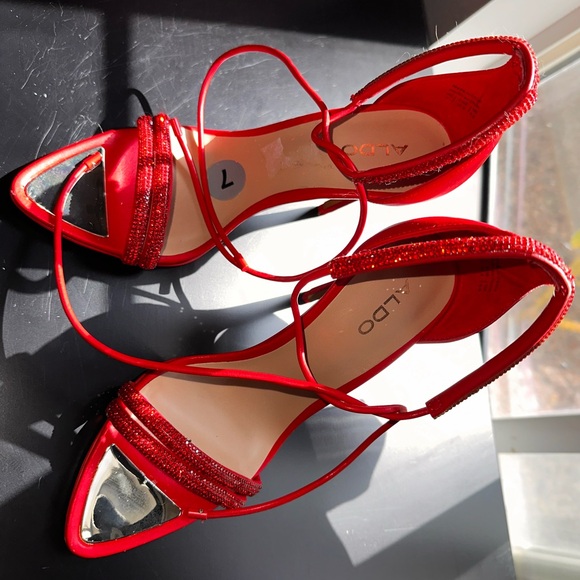 ALDO red open toe ankle strap heels - Picture 2 of 5